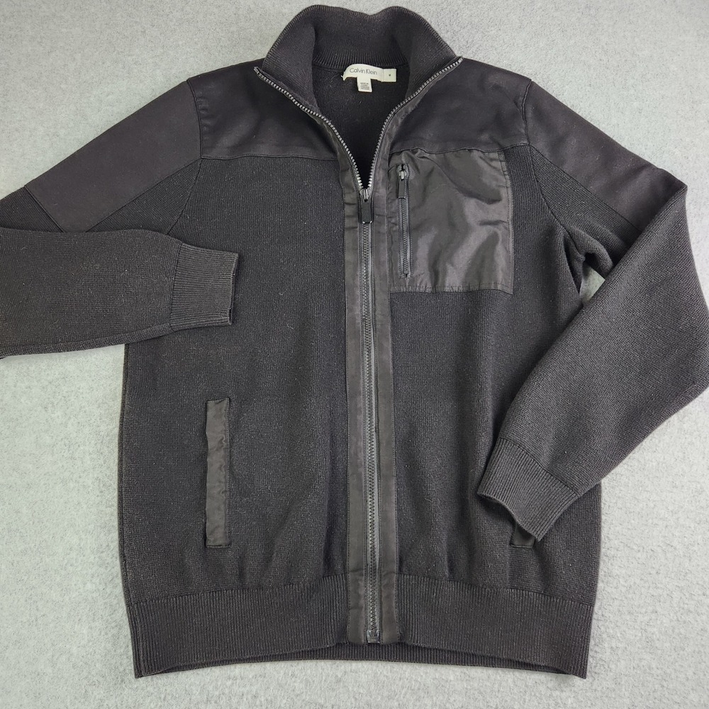 Calvin Klein Sweater Jacket Mens Medium Black Mixed Media Mock Neck Full Zip